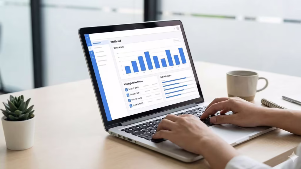 Laptop screen showing a simple dashboard listing NFC Google review devices assigned to staff