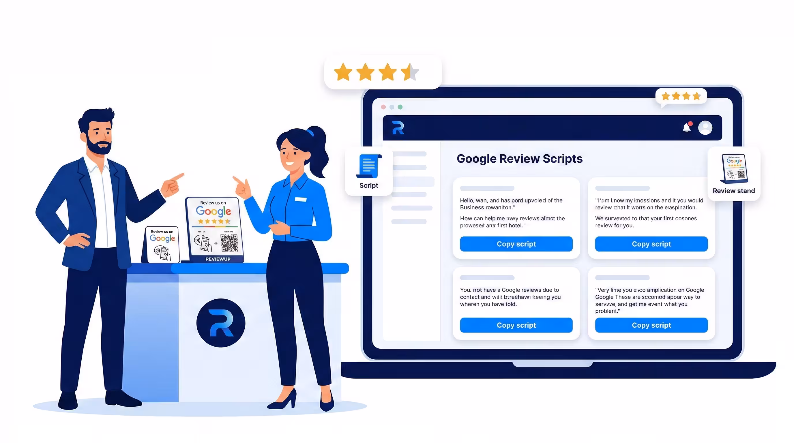 Illustration of a staff member at a counter using a simple Google review script and an NFC review stand to ask a customer for feedback.