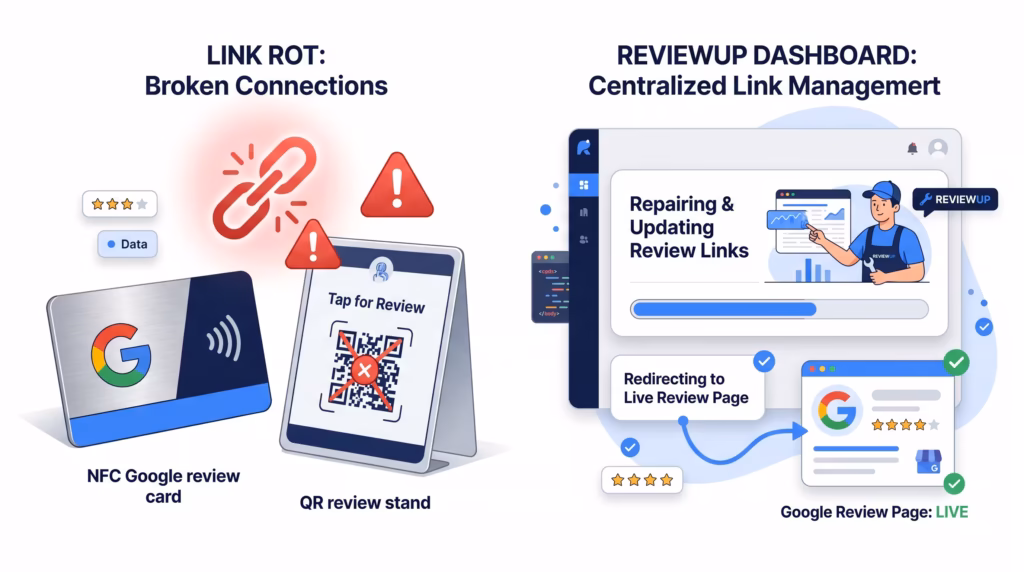 Illustration of a broken NFC Google review card link being repaired through a review management dashboard