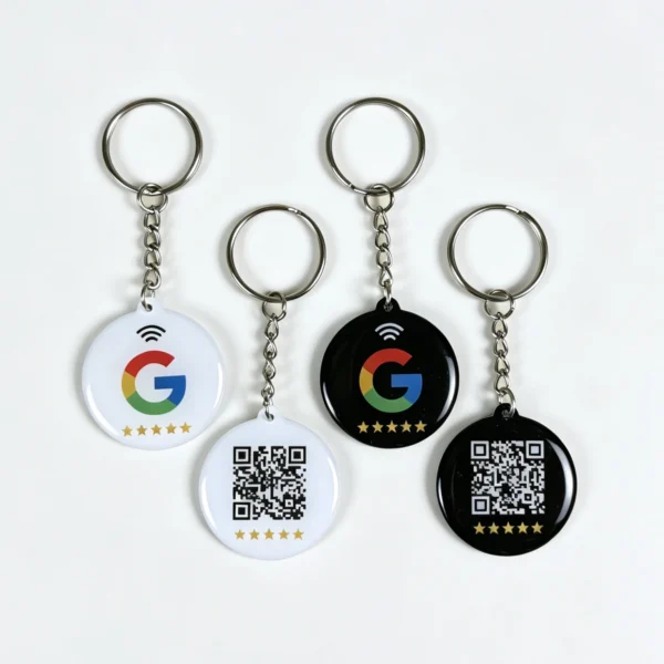 NFC Google Review keychains with QR codes for collecting customer reviews on Google.