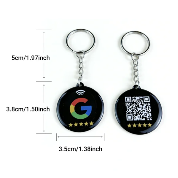 Dimensions of NFC Google Review keychain showing compact keyring size for businesses.