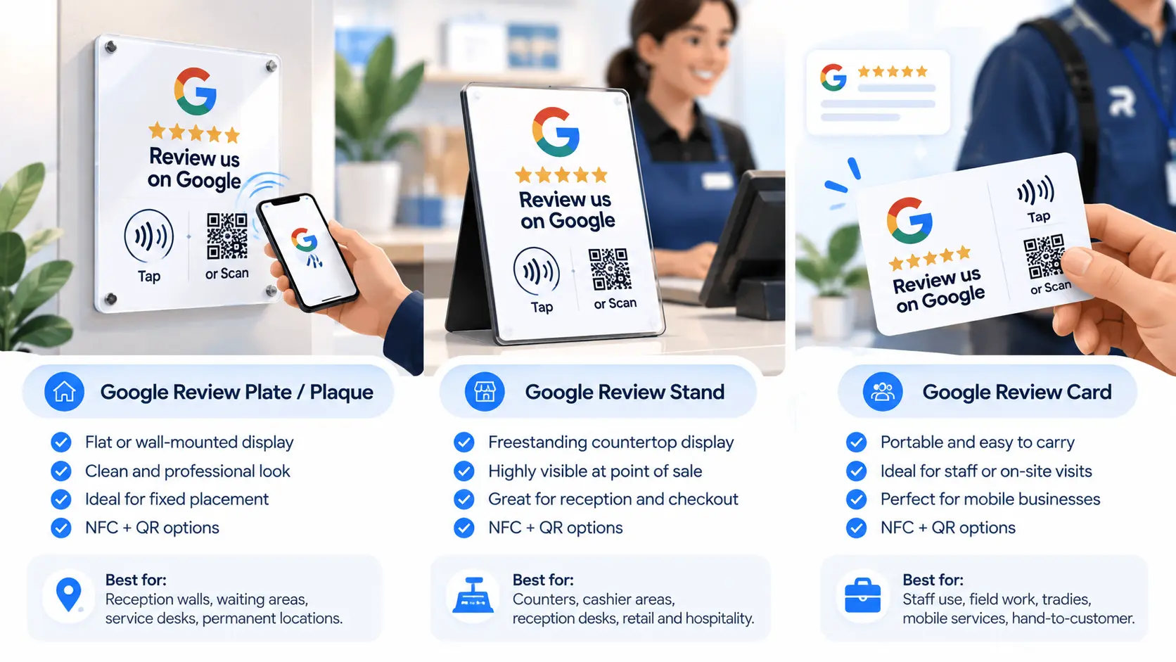 Illustration comparing a Google review plate, review stand and NFC review card in a clean side-by-side layout