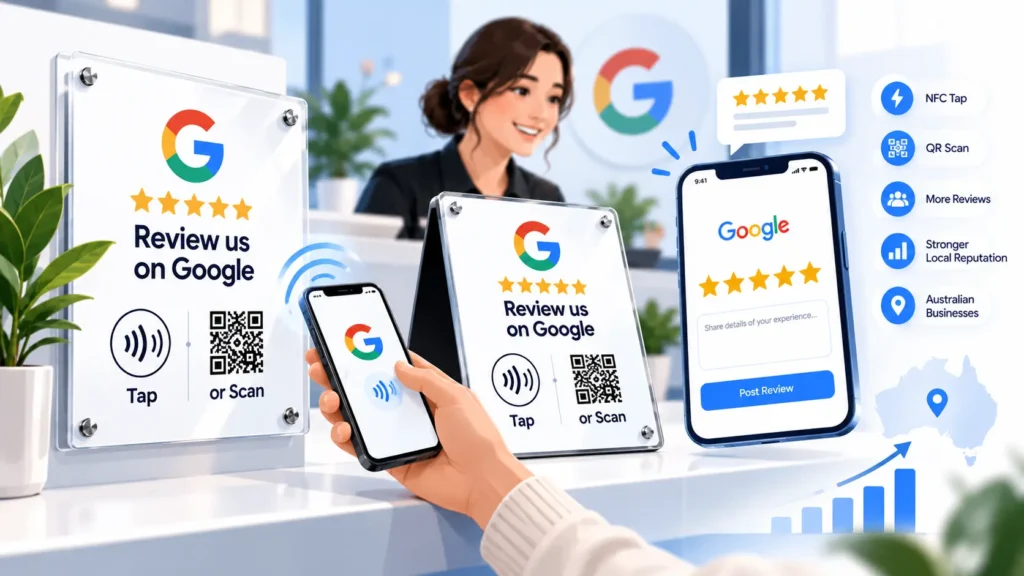 Illustration of Google review plates and plaques for Australian businesses with NFC tap, QR code and review management elements